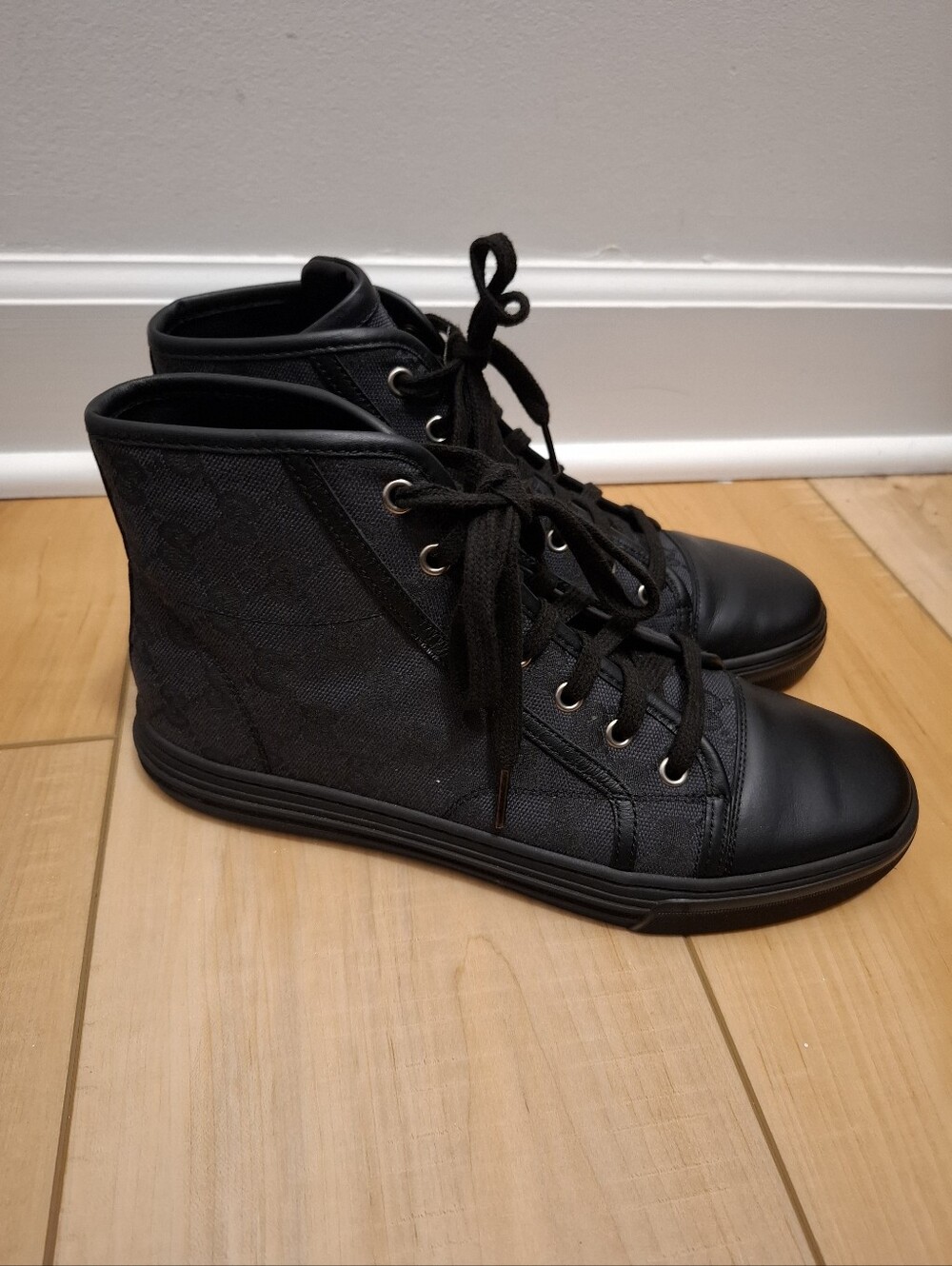 Gucci Sneakers Women's 37.5 GG Monogram High Top Black Lace Up Designer Luxury
